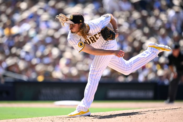 Aug 7, 2023; San Diego, California, USA; San Diego Padres relief pitcher Scott Barlow (58) throws a pitch against the Los Angeles Dodgers during the sixth inning at Petco Park. Mandatory Credit: Orlando Ramirez-USA TODAY Sports